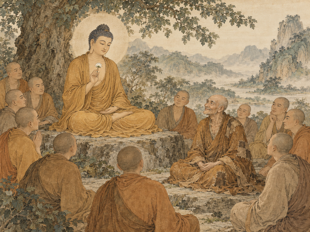 The Buddha raises a flower; Mahākāśyapa smiles among the listening monastic assembly at Vulture Peak