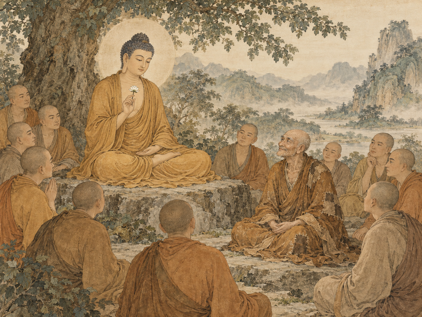 Original ink-wash illustration of Shakyamuni holding a flower and Mahākāśyapa smiling