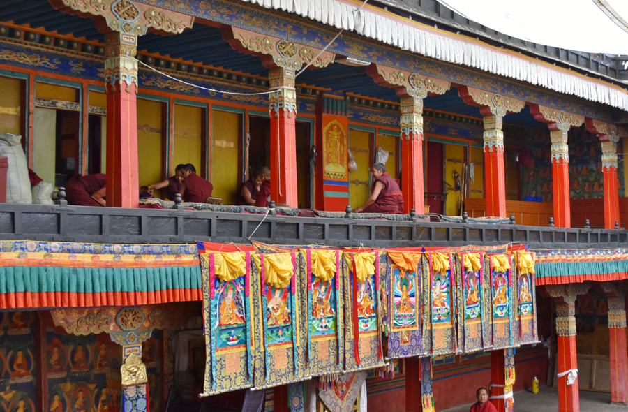 Colourful hangings and a temple veranda at Tashilhunpo Monastery, Shigatse